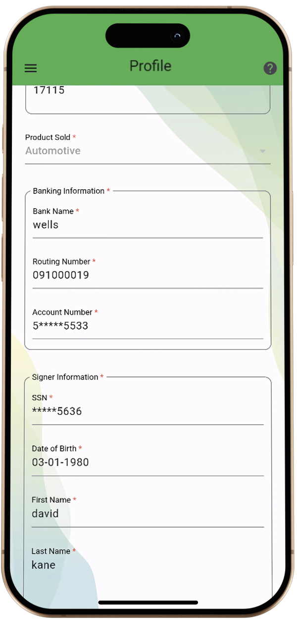 MERCHANT MASKED ACCOUNT # AND SSN DETAILS FOR BANK ENROLLMENT